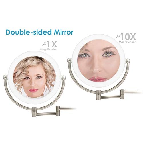 Wall Mount LED Lighted Makeup Mirror, AC Adaptor, 10x/1x Magnification, Satin Nickel Finish 8.6"D x 17.5"L by Rucci