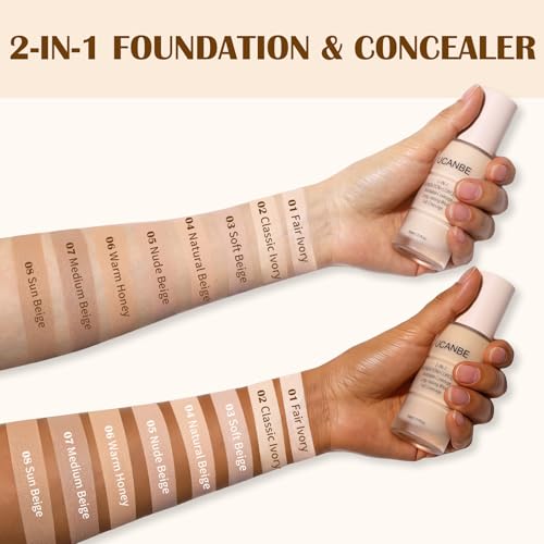 UCANBE 2-IN-1 Foundation + Concealer, Full Coverage Long-Lasting Matte Makeup for Normal, Combination and Oily Skin, Buildable Waterproof Formula with Hyaluronic Acid £¨01 Fair Ivory£©