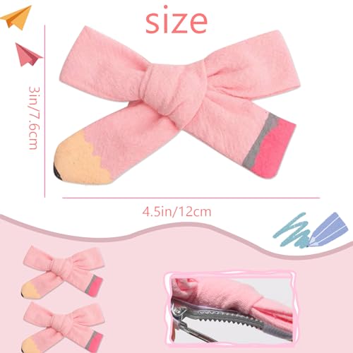 Back To School Hair Clips Pink Bows Hair Clips Pencil Shape Design Students Hair Accessories Soft Fabric Hair Clips for Styling Decorations for Girls First Day of School 2 PCS