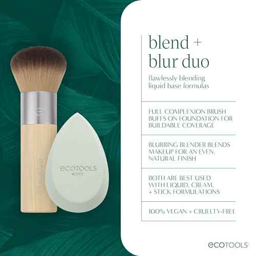 EcoTools Blend + Blur Makeup Brush and Sponge Duo, Makeup Blender Sponge & Foundation Brush, For Liquid & Cream Makeup, Cloud Skin, Eco Friendly, Latex-Free, Cruelty Free, & Vegan, 2 Piece Set