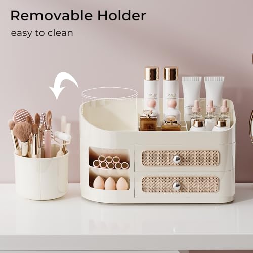 Makeup Organizer with Rotating Brush Holder & 2 Drawers