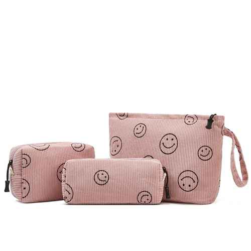 Makeup bag set small Cosmetic bag for women purse Corduroy Organizer with interior Pockets,cute Pencil zipper Pouch travel Toiletry Bag with handle(Smile face Pink)