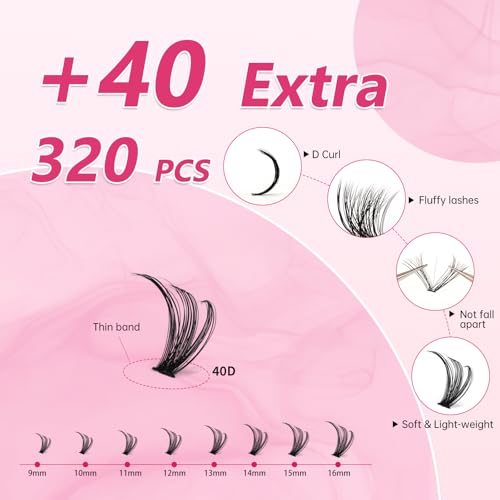 Lash Extension Kit, 320Pcs Lash Clusters, 40D Lash Clusters Kit, 9-16 mm Individual Cluster Eyelash Extensions with Lash Bond and Seal, Remover, Lash Tweezer DIY Lash Extensions at Home