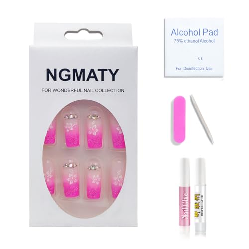 NGMATY Press On Nails Long Pink Gradient Threedimensional Petal Rhinestone Fake nails 12 Sizes 24 Pcs Gel False Nail Set