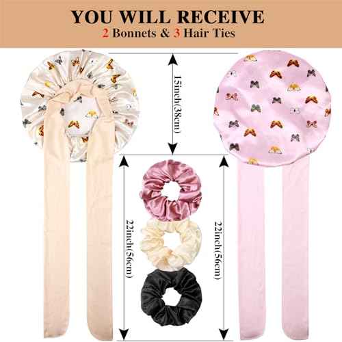2+3 Large Satin Bonnets with Scrunchies for Women, Hair Bonnet Sleeping Tie Bonnet for Braids Curly Hair