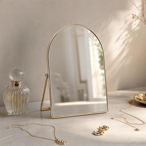 Gold Arched Makeup Mirror with 360° Stand, 12x9 Inch