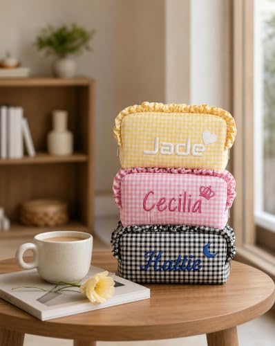 Personalized Ruffled Plaid Makeup Bag - Custom Name Cosmetic Pouch