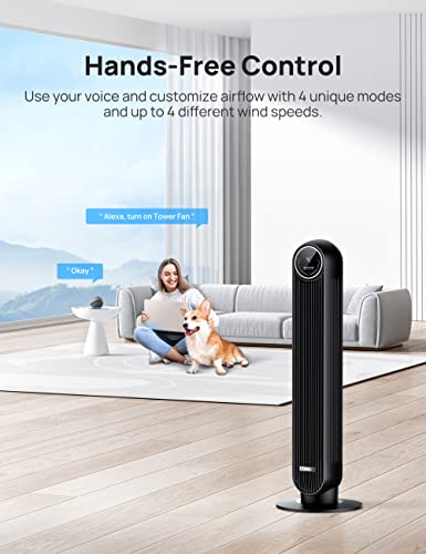 Dreo Tower Fan for Bedroom, Smart Oscillating Quiet Floor Fans, Standing Bladeless Fan with Remote and WiFi Voice Control, 4 Modes, 4 Speeds, 8H Timer, 28dB, Works with Alexa/Google