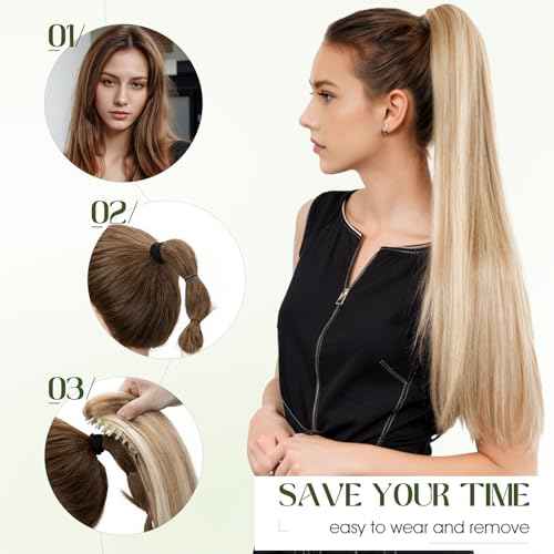 Ponytail Extension, 14 Inch Claw Clip Ponytail Extension Human Hair Long Straight Jaw Clip in Real Hair Pony Tails Hairpieces for Women Dark Brown