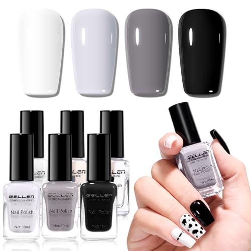 GELLEN 6PCS Black White Gray Nail Polish Set - Toxin Free & Quick Dry