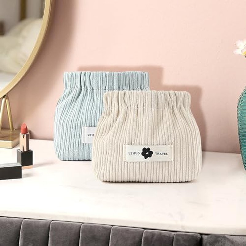 2pcs Corduroy Elastic Hair Tie Organizer Portable Travel Small Makeup Pouch Corduroy Lipstick Storage Bag for Hair Jewelry Lipstick Coin Purse for Women(Blue+White)