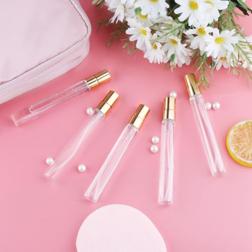 30 Pcs 10ml/0.34oz Mini Spray Bottle Glass Fine Mist Perfume Atomizer Empty Sample Containers with Golden Lids for Travel Cleaning Essential Oils (Pack of 2)