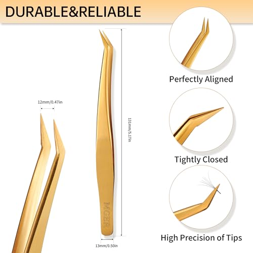 MGER Lash Tweezers for Eyelash Extension-Professional Lashing Tweezers for Mega Volume Mink Eyelashes Extensions Applying, Gold tweezers