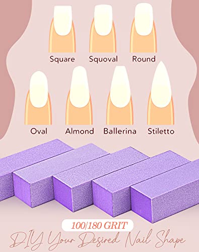 Maryton Nail Buffer Block - Purple 5 Count Medium/Fine Grit 100/180 for Acrylic & Gel Nails - 3 Way Manicure Pedicure Buffers