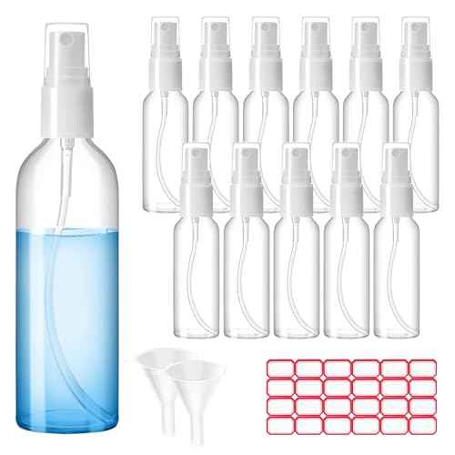 Spray Bottles, 2oz/50ml Clear Empty Fine Mist Plastic Mini Travel Bottle Set, Small Refillable Liquid Containers with 2pcs Funnels and 24pcs Labels (12 Pack)