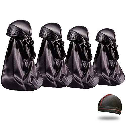 4PCS Silky Durags for Men Women 360 Waves with 1 Wave Cap, Silky Satin Durag Extra Long Tails