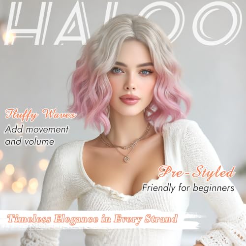 Haloo Pink Ombre Bob Wig for Women - 11 Inch Short Wavy Curly Synthetic Lace Front Hairpiece