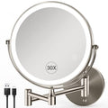 30X/1X Wall Mounted Makeup Mirror with Light: 8.5 Inch Double-Sided, 3 Color Modes, USB-C Rechargeable, 360¡Æ Swivel, Brushed Nickel