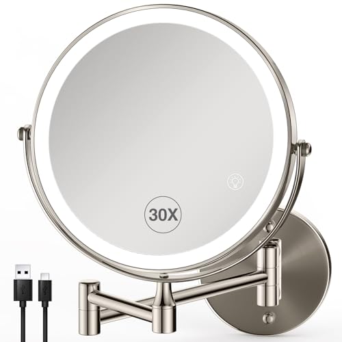 30X/1X Wall Mounted Makeup Mirror with Light: 8.5 Inch Double-Sided, 3 Color Modes, USB-C Rechargeable, 360¡Æ Swivel, Brushed Nickel