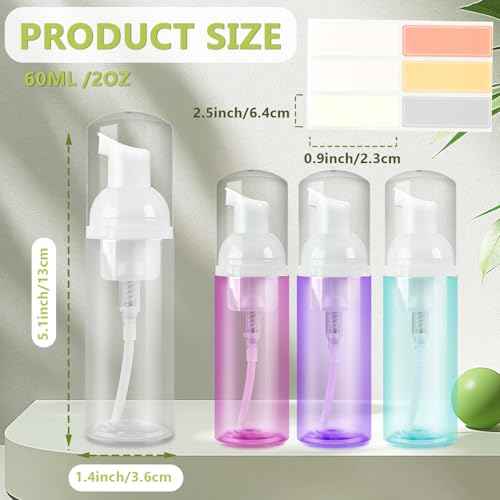 4 Pack Foam Pump Bottle, 60 ml/2 oz Mini Empty Bottle Travel Foaming Dispenser, Plastic Mousse Foam Dispenser Pump for Soap, Shower Gel, Shampoo, Facial Cleanser - Mix Colors