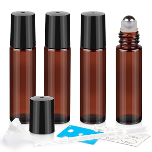 10ml Amber Glass Roller Bottles for Essential Oils, 4-Pack