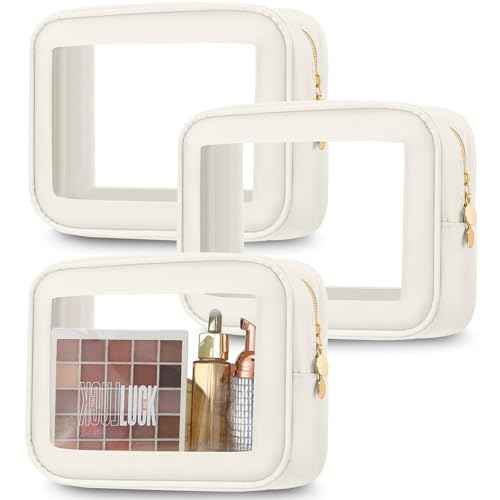 Abbylike 3 Pcs Clear Makeup Bags with Zipper Toiletry Bags for Car Essentials Nylon Cosmetic Pouches PVC Transparent Storage Pouch Travel Portable Organizer for Christmas Women Gift(Cream White,Small)