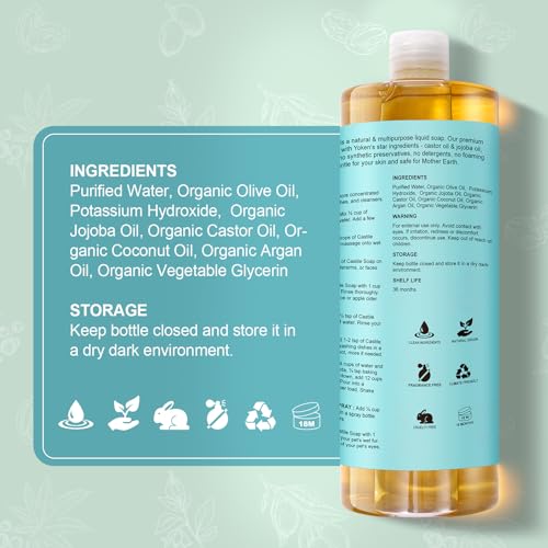 Yoken Pure Castile Soap Liquid Unscented 67 fl oz Castile Liquid Soap Made With Organic Oil, Clean & Gentle, No Palm Oil,Vegan, Natural Castile Soap for Face Body Wash, Hand Soap, Dishes Multi-purpose