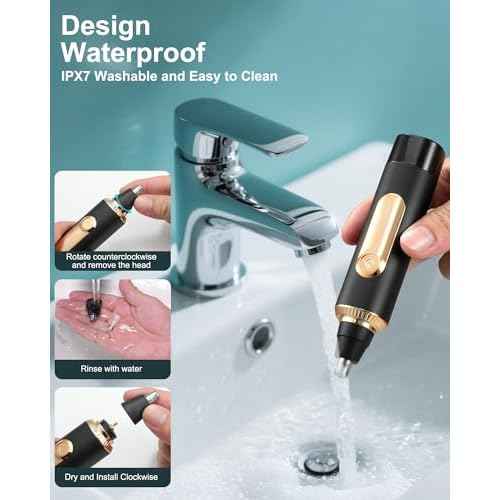 Ear and Nose Hair Trimmer for Men Women with LED Display, 2 in 1 Painless USB Rechargeable Nose Trimmer Clipper Eyebrow & Facial Hair Remover, 13,000 RPM,Dual Edge Blades,Waterproof,Black Gold