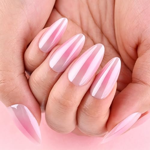 evpct Baby Pink Glazed Almond Short Press-On Nails with Ombre Design