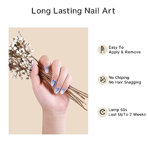 Ekkyo In Semi Cured Gel Nail Strips, Easy to Apply & Remove Gel Nail Wraps, Long Lasting, Get Salon-Quality Nail Art at Home, Includes 20 Pcs Nail Stickers, Prep Pads, Nail File, Wooden Stick, Blue Gold Ribbon