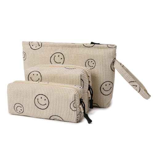 Small Cosmetic Bag set for Women Corduroy Makeup Bag with Interior Pocketes Cute Corduroy Makeup Pouches Women Small Toiletry Bag (Beige Smile)