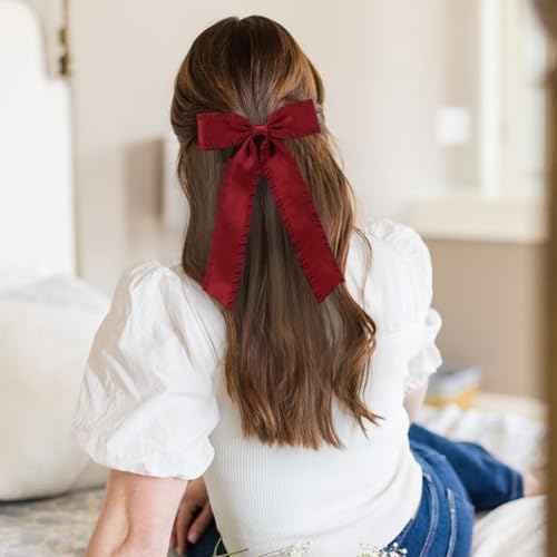 VOBOBE 2PCS Hair Bows for Women Girls, Red Tassel Hair Ribbon Bowknot Hair Clips Barrettes Hair Accessories for Girl with Long Tail (Red)