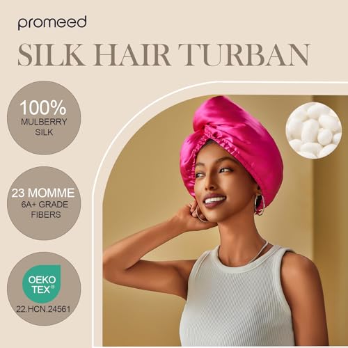 PROMEED Hydrating Silk Bonnets with Hyaluronic Acid, 100% 23 Momme Mulberry Silk Turban for Long Hair Care, Moisture Silk Sleep Cap for Healthy and Smooth Hair (Fuchsia)