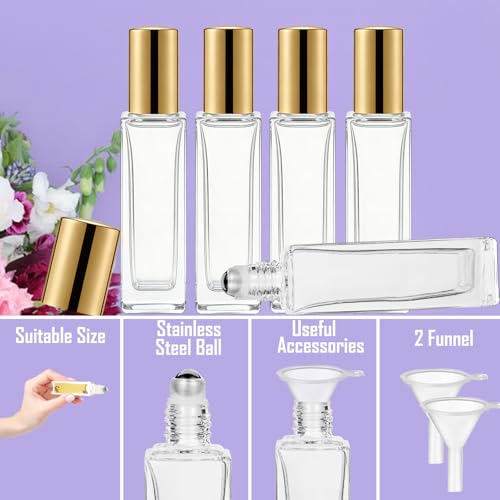 Gold 25 Pcs 10ml Square Glass Essential Oil Roller Bottles Set with Stainless Steel Balls