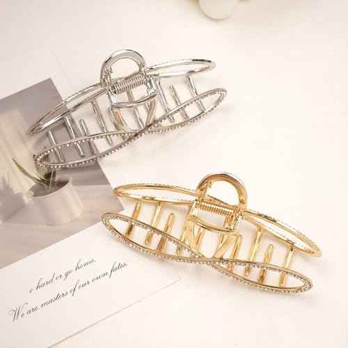 2-Pack Rhinestones Hair Claw Clip for Women, Large Gold and Sliver Metal Elegant Hair Clips Grils Bling Bow Shaped Claw Clip Hair Accessories