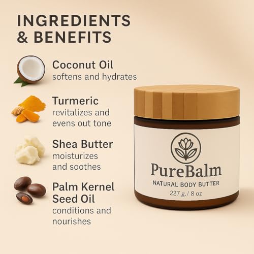 PureBalm¢â Natural Body Butter with Turmeric - Deep moisture for Dry Skin - Shea Butter, Coconut Oil & Palm Kernel Seed Oil - 8oz