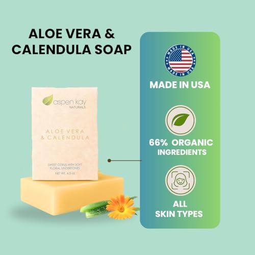 Aloe Vera & Calendula Soap, Natural & Organic Ingredients, Organic Aloe Vera, Calendula & Turmeric Soap. Use for Face & Body. for Men, Women & Teens. Gentle Face Wash. (Pack of 2)