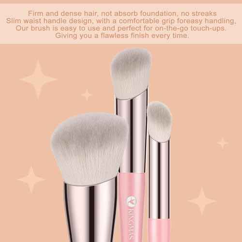 KINGMAS Angled Foundation Brush Concealer Brush, Premium Kabuki Makeup Brush for Liquid, Blending, Cream, Powder, Blush Buffing Stippling Face Makeup Tools White (Pink, 3Pcs (170W/270W/370W))