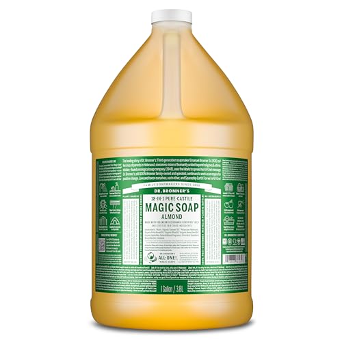 Dr. Bronner's Pure-Castile Magic Soap Liquid (Almond, 1 Gallon) - Made with Regenerative Organic Certified Oils, 18-in-1 Uses: Face, Body, Hair, Laundry, Pets and Dishes, Concentrated, Vegan, Non-GMO