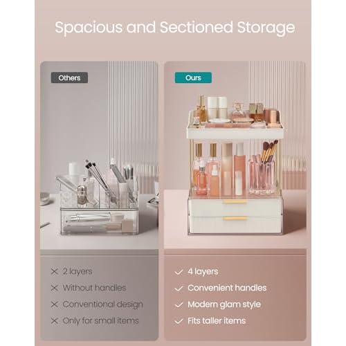 SONGMICS 4-Layer Makeup Organizer, Skincare Organizer, 4 Dividers, Anti-Slip Design, Bathroom Counter Organizer, Versatile for Vanity Bedroom Kitchen, 7.8 x 12.5 x 15.4 Inches, Cloud White UJKA021W01