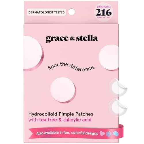 grace & stella Award Winning Pimple Patches for Face - Dermatologist Tested Acne Patches - Hydrocolloid Patch for Breakouts, Whiteheads - Vegan Acne Spot Treatment for Face (Invisible, 216 Count)