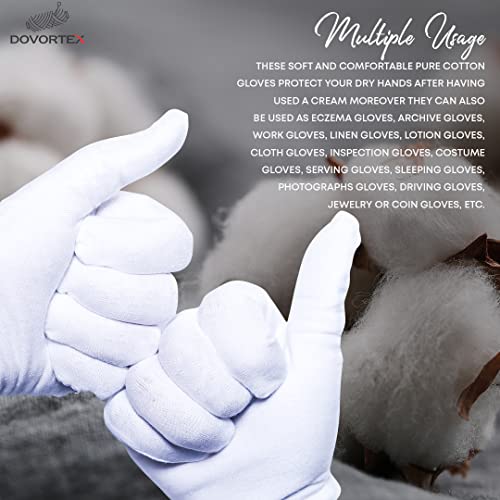 White Cotton Gloves for Eczema & Dry Hands - 12 Pack (6 Pairs), Soft Reusable