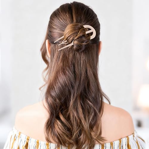 French Hair Pins 6 Pack - Large U-Shaped French Twist Hair Clips in Light Khaki & Brown