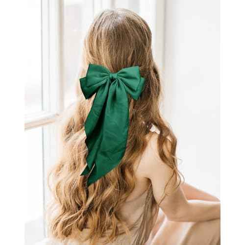Large Silky Satin Bows 3Pcs Green Hair Ribbons for Women - Cute Coquette Bow Clips with Long Tails and Ponytail Barrettes