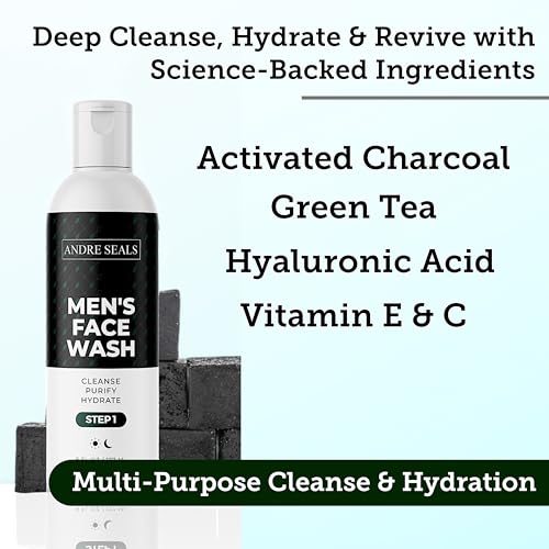 Mens Face Wash | Facial Cleanser with Activated Charcoal, Hyaluronic Acid & Green Tea | Exfoliate, Deep Pore Cleansing & Hydrating Facial Cleanser | Exfoliating Face Wash | Mens Skin Care