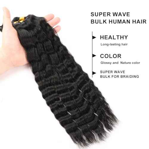 Wet and Wavy Human Braiding Hair Super Wave Bulk Human Hair For Braiding No Weft 100g (1Pack-4PCS) Super French Human Braiding Hair For Boho Braids (Super Wave£¨#1b£©, 20 Inch)