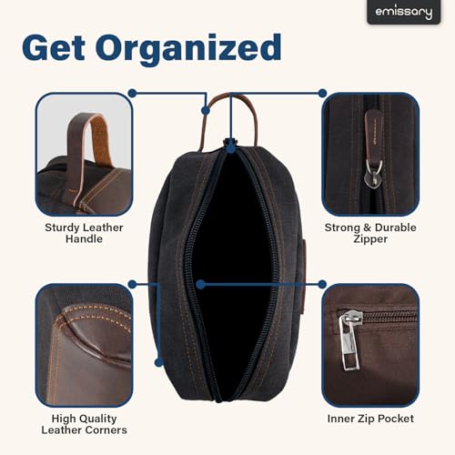 emissary Men's Toiletry Bag, Leather and Canvas Travel Toiletry Bag, Dopp Kit for Men, Travel Bathroom Bag Men's Shaving Kit, Travel Kit Small Bags for Men, Shaving Bag for Travel Accessories (Black)