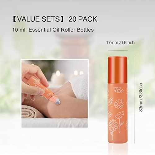 Cositina 20 Pack Essential Oil Roller Bottles, 10ml Glass Roll on With Stainless Steel Balls, Metal Aluminum Lid, Empty Sample Vial - Opener, Dropper Included