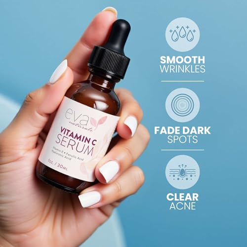 Eva Naturals Vitamin C Serum for Face - 20% Vit C with Hyaluronic Acid, Ferulic Acid & Vitamin E - Facial Serum for Dark Spots, Acne, Anti Aging, Glow & Even Skin Tone, 1 oz