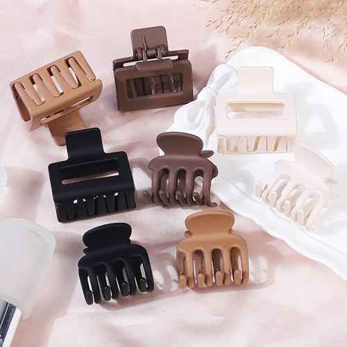 Medium Hair Clips Combination 2 Styles Small Claw Clips for Thin Hair 8 Pcs Matte Non-slip Rectangle Jaw Clips Square Hair Accessories for Women and Girls (Brown)